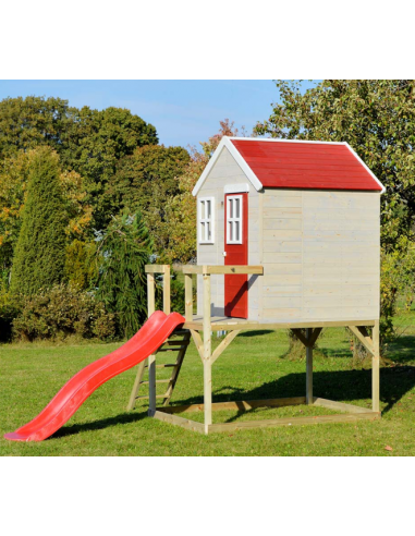 Legehus Med Rutsjebane I Fyrretræ H242 X B197 X D310 Cm - Naturrødhvid