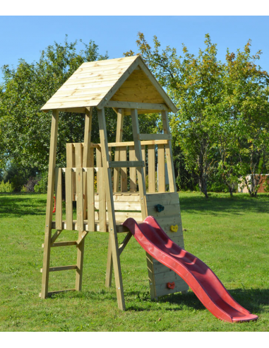 Legetårn Med Rutsjebane I Fyrretræ H270 X B110 X D260 Cm - Naturrød